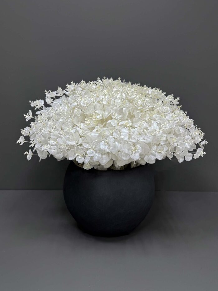 Modern White Eucalyptus Arrangement in Matte Black Vase – Contemporary Elegance