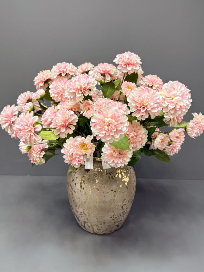 Artificial Pink Dahlia Flower Arrangement in Gold Speckled Vase – Luxury Faux Floral Decor AR5