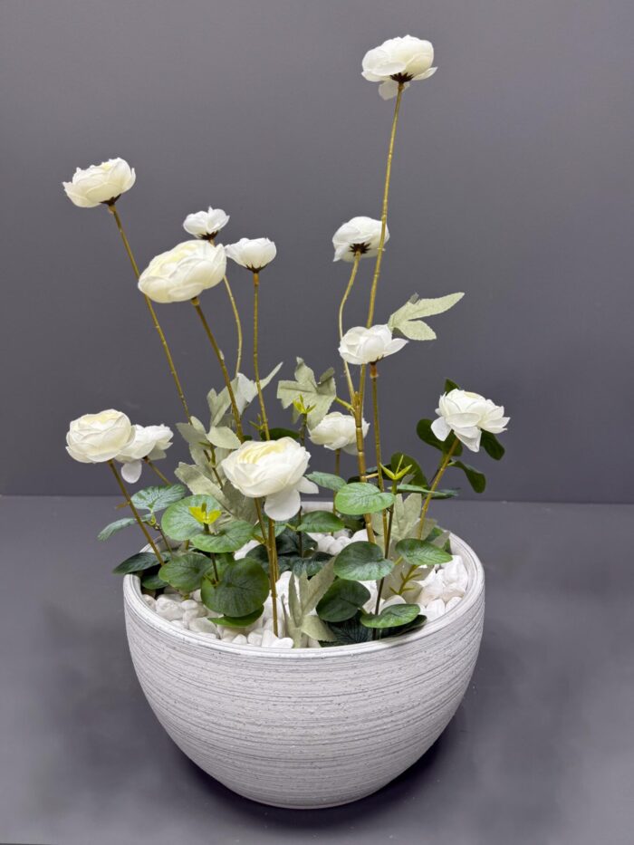 Artificial White Ranunculus Floral Arrangement in Textured Bowl Pot – Elegant Faux Flowers. AR6