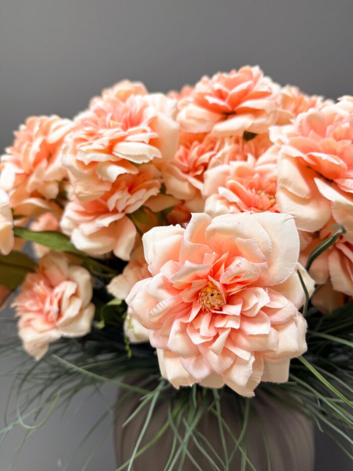 Vibrant Artificial Coral Flower Arrangement in Modern Ribbed Vase – Luxury Faux Floral Decor AR9