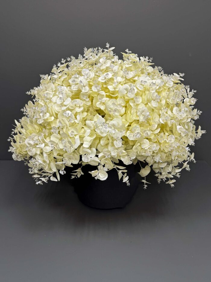Voluminous Artificial White & Cream Eucalyptus Arrangement in Matte Black Pot – Soft & Modern