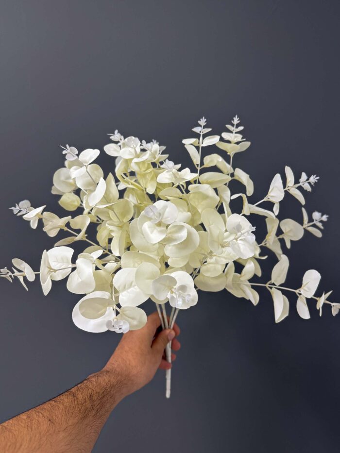 Voluminous Artificial White & Cream Eucalyptus Arrangement in Matte Black Pot – Soft & Modern