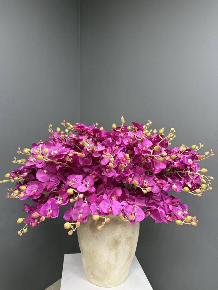Exquisite Artificial Fuchsia Orchid Arrangement in Rustic Beige Pot – Bold & Elegant