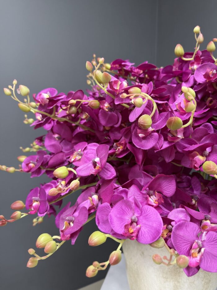 Exquisite Artificial Fuchsia Orchid Arrangement in Rustic Beige Pot – Bold & Elegant