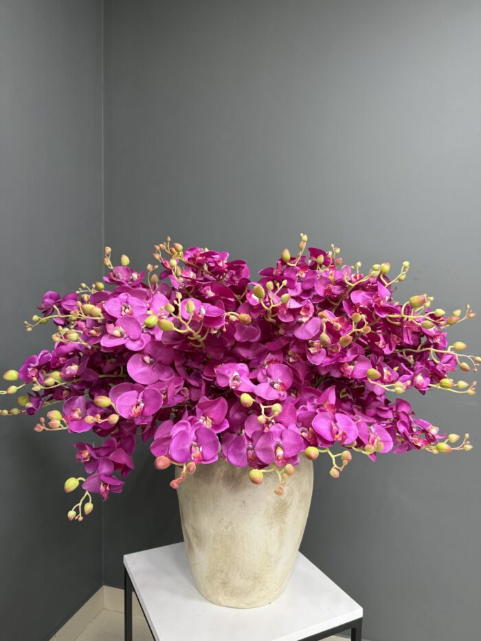 Exquisite Artificial Fuchsia Orchid Arrangement in Rustic Beige Pot – Bold & Elegant