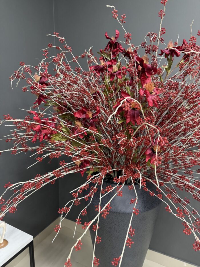 Dramatic Artificial Red Berry & Deep Floral Arrangement in Matte Grey Vase – Bold & Modern