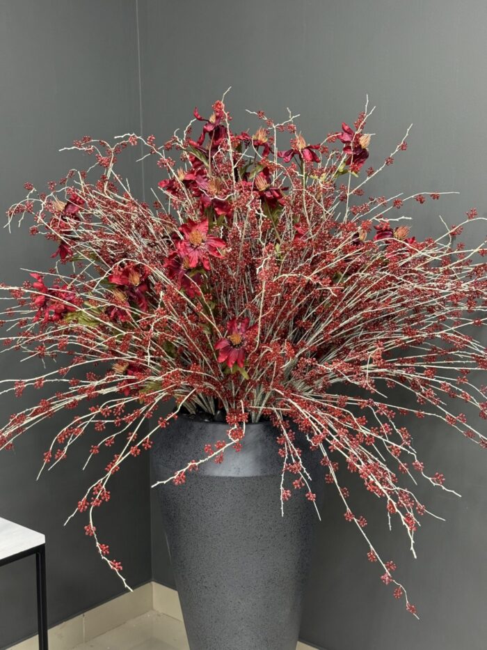 Dramatic Artificial Red Berry & Deep Floral Arrangement in Matte Grey Vase – Bold & Modern