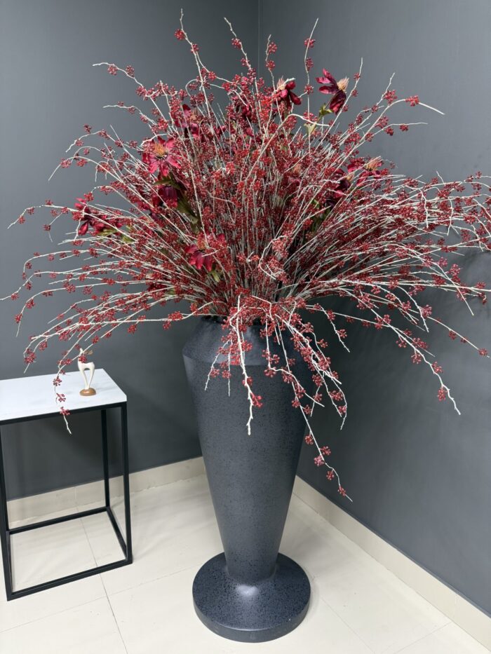 Dramatic Artificial Red Berry & Deep Floral Arrangement in Matte Grey Vase – Bold & Modern
