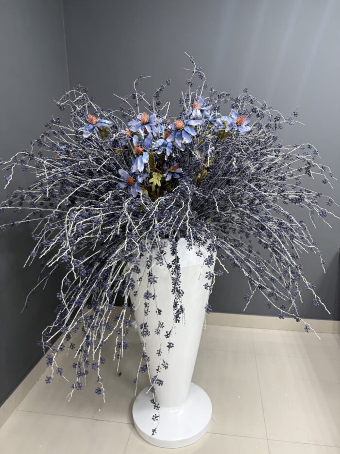 Blue Bloom Arrangement in Modern White Vase – Rustic Chic