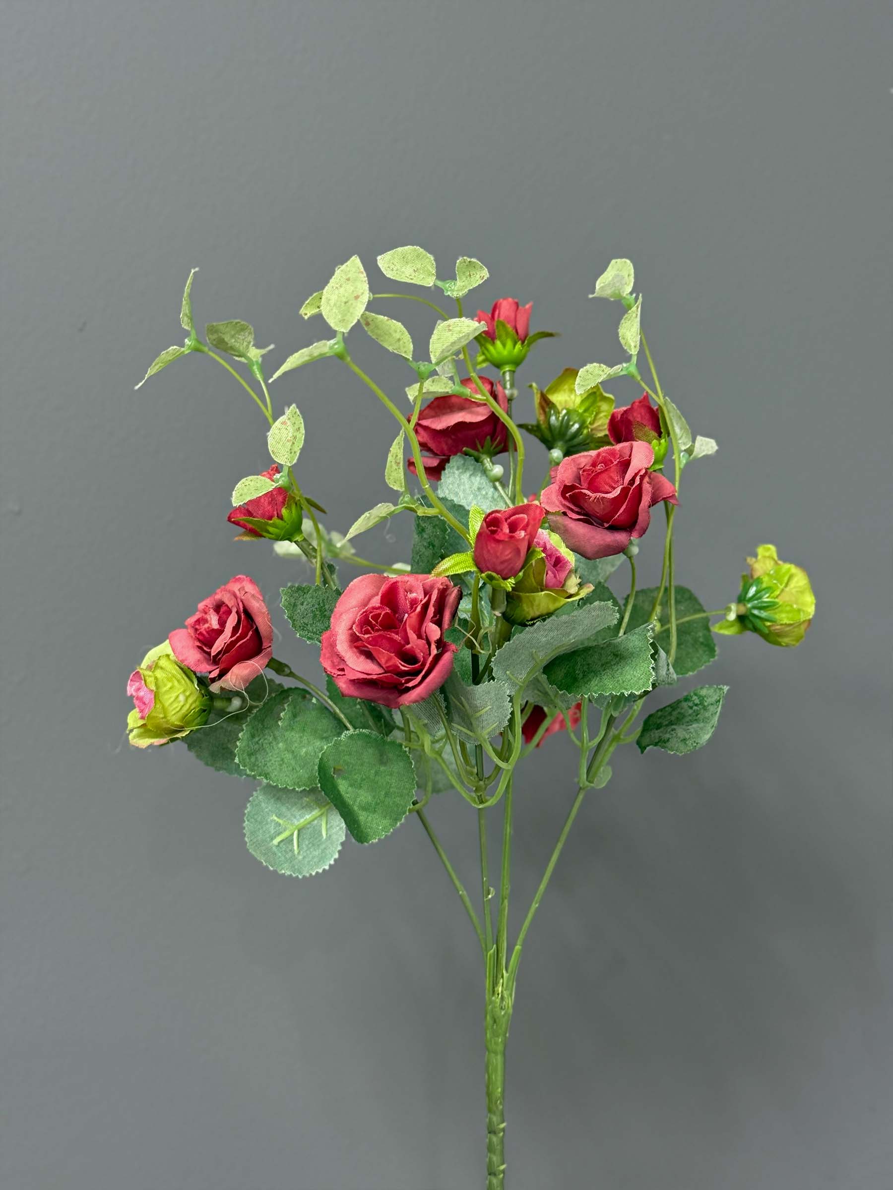 ar60-2 Artificial Deep Red Rose & Green Foliage Arrangement in Concrete Grey Pot