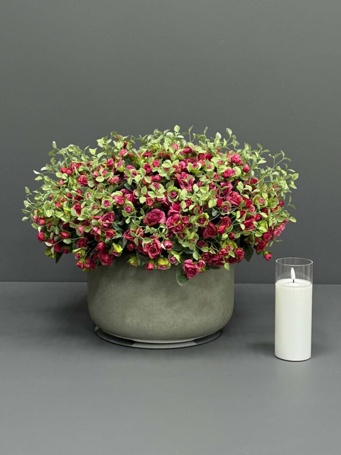 Lush Artificial Deep Red Rose & Green Foliage Arrangement in Concrete Grey Pot – AR60