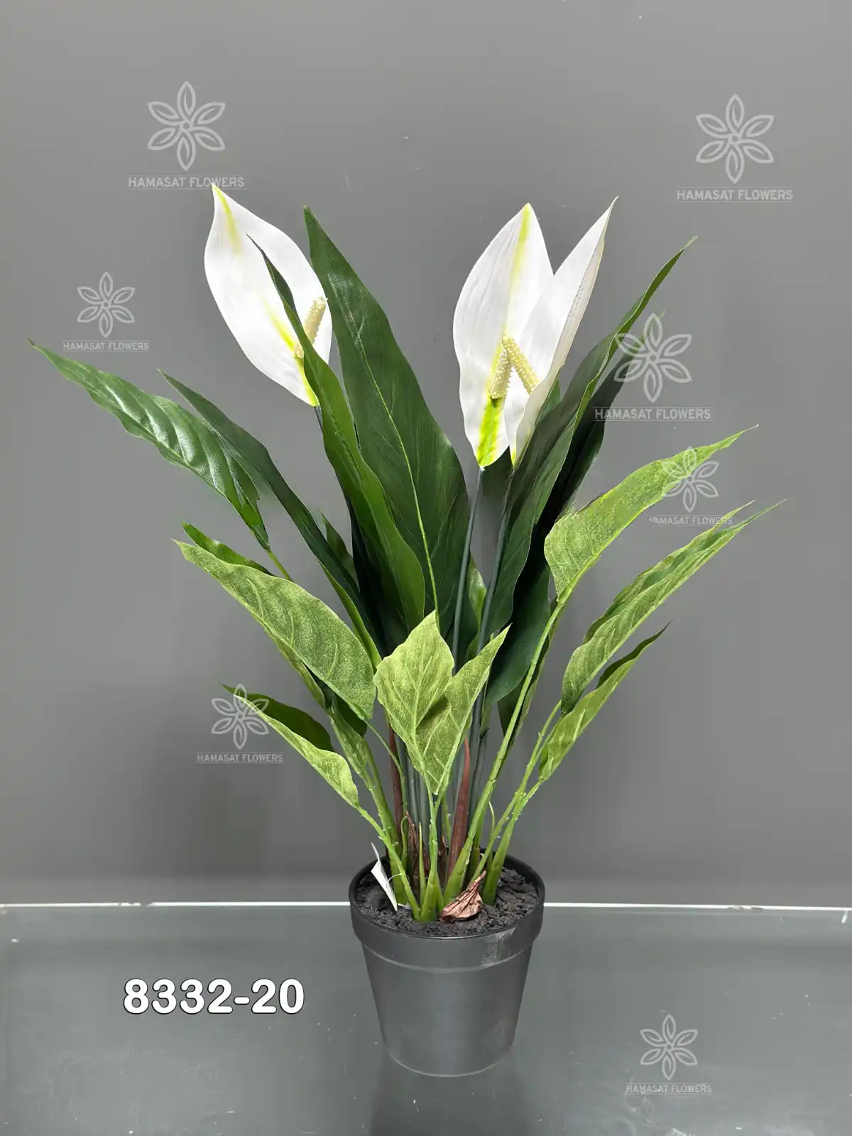 20 inch artificial potted spathiphyllum plant with green leaves and white peace lily flowers