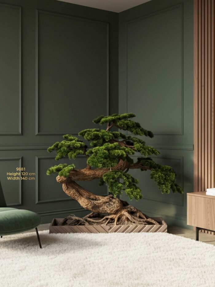 شجرة بونساي اصطناعية بطول 120 سم – صنوبر فاخر مع جذور ظاهرة – 9881