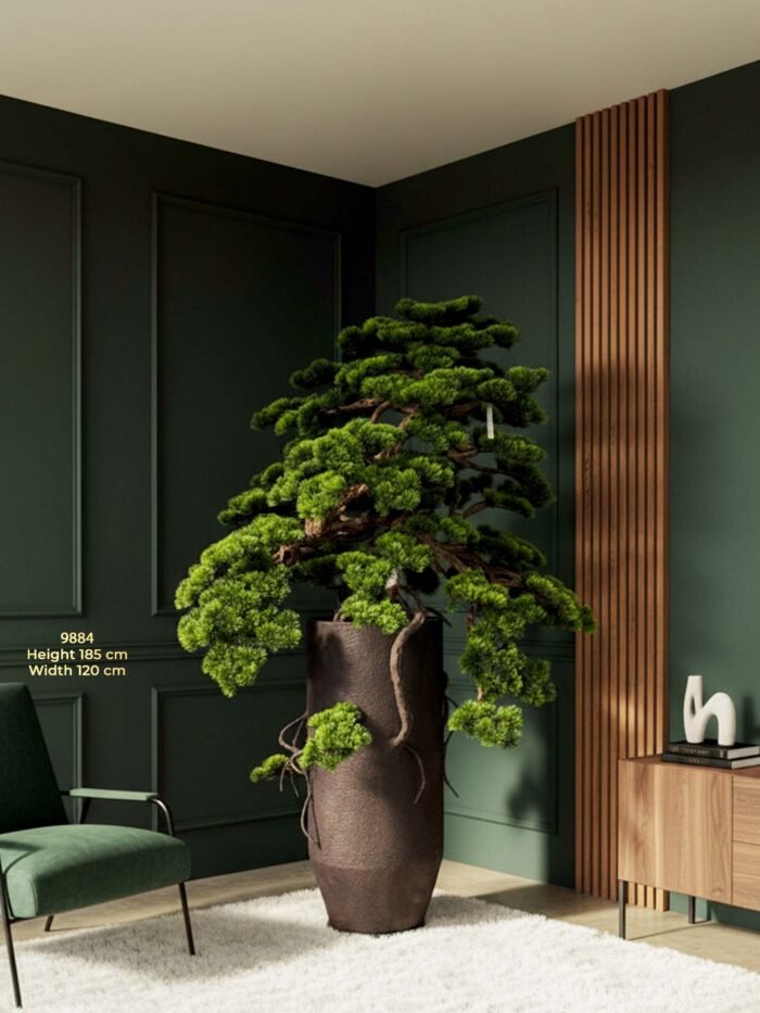 Artificial Bonsai Tree 185cm – Pine with Tall Black Planter – 9884