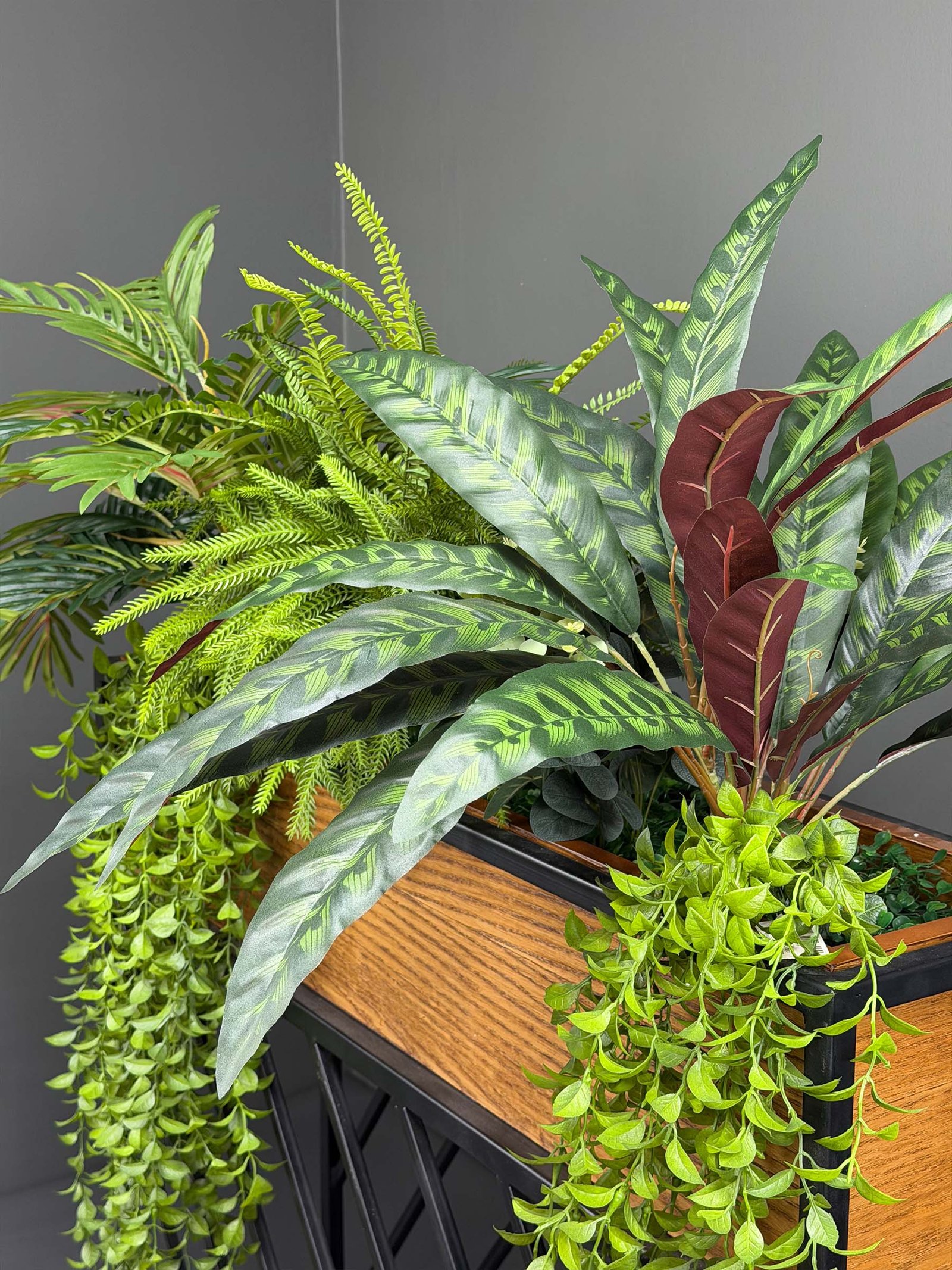 Artificial Mixed Greenery Oak & Iron Planter