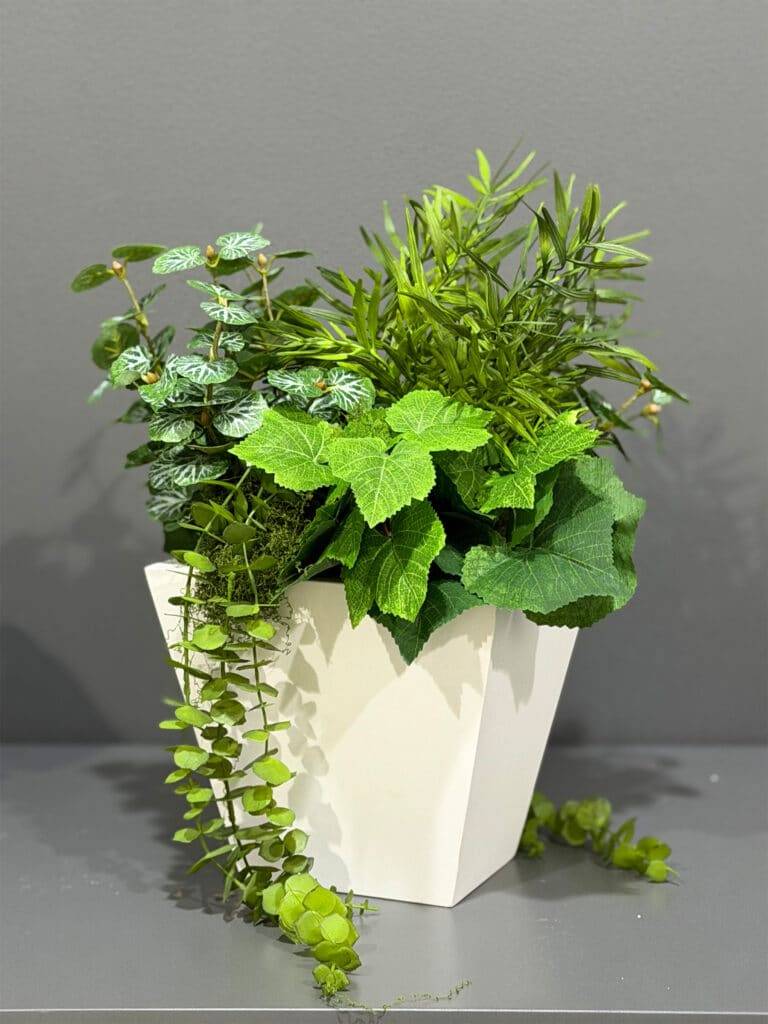 Lush Mixed Greenery Arrangement in White Tapered Planter