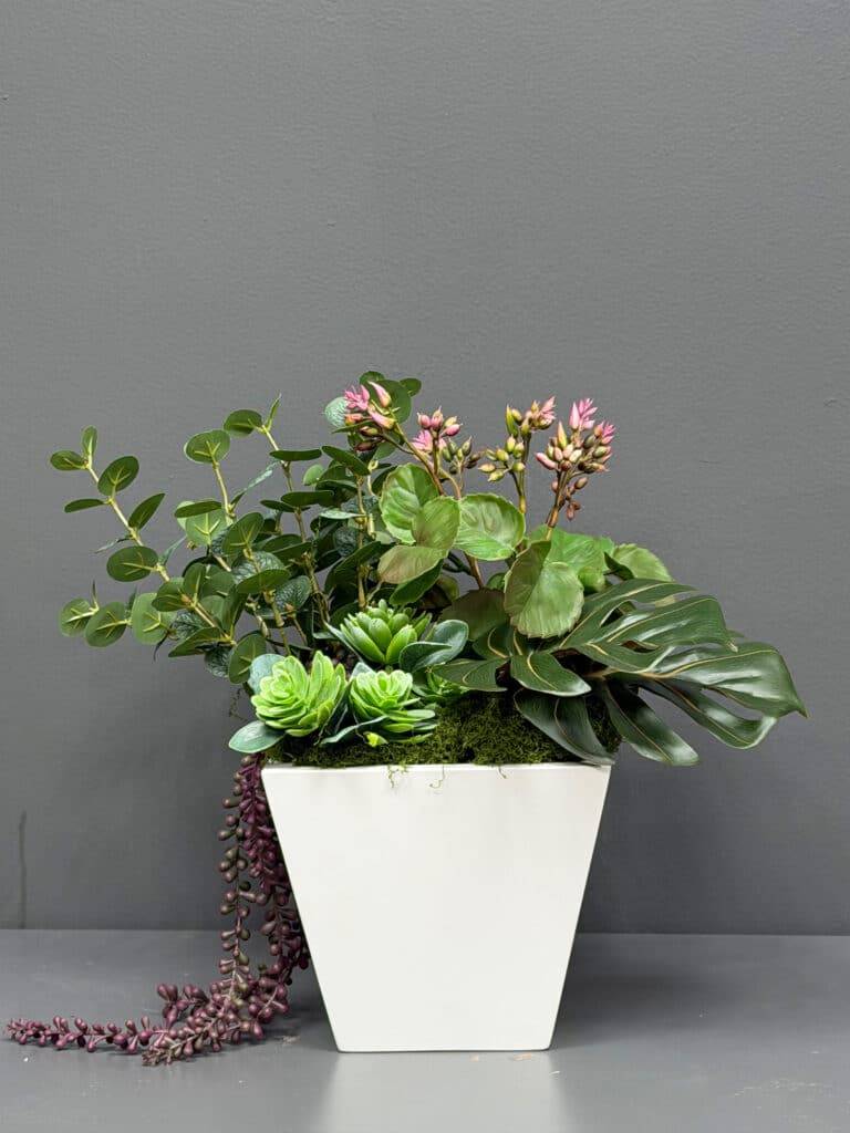 Faux Eucalyptus and Flowering Succulent Garden with Monstera Leaf and Trailing Ivy