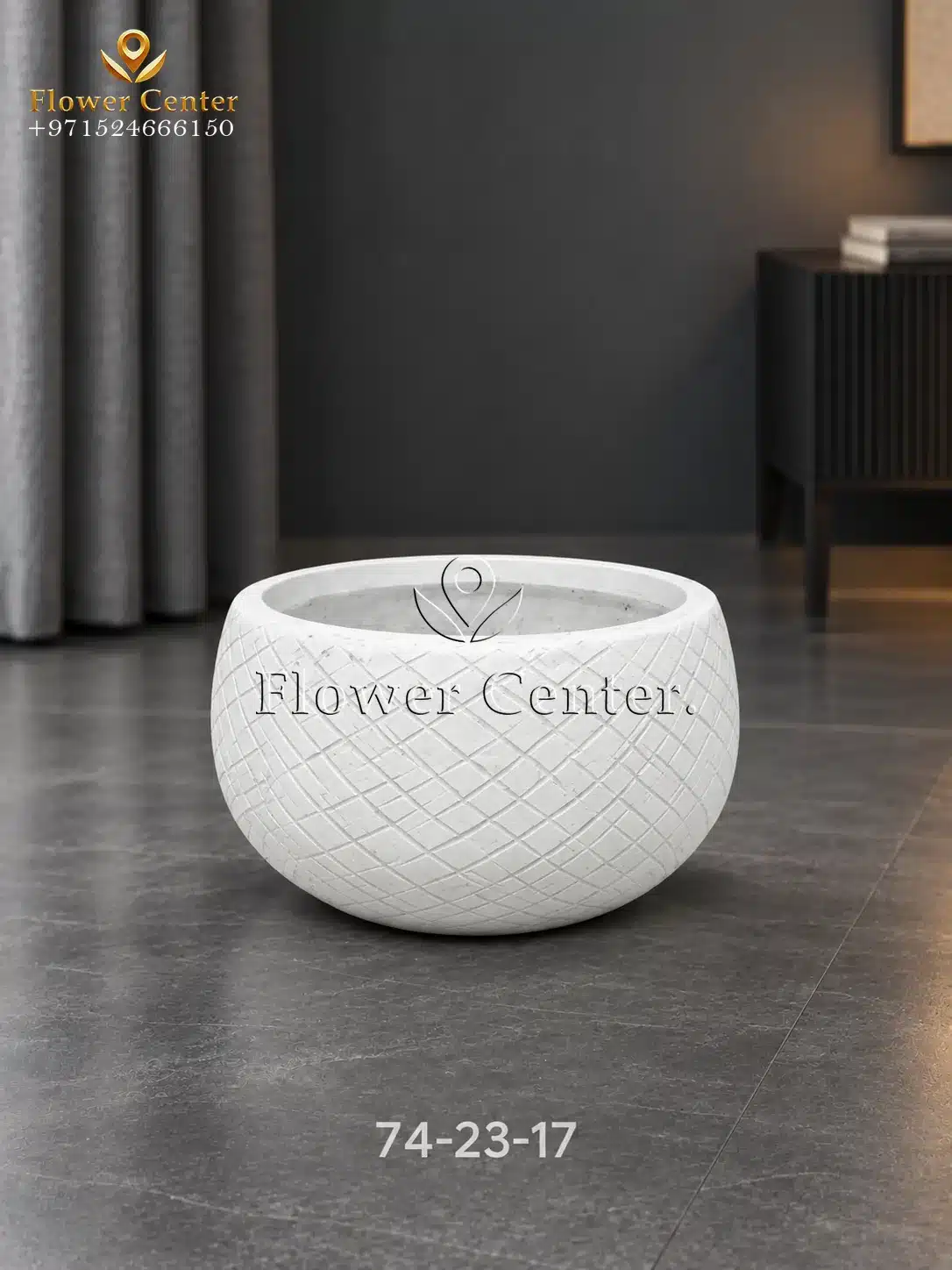 White Cross-Hatch Low Bowl Fibreclay Planter 17 cm
