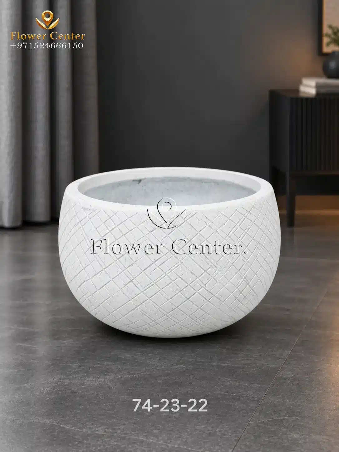 White Cross-Hatch Low Bowl Fibreclay Planter 22 cm