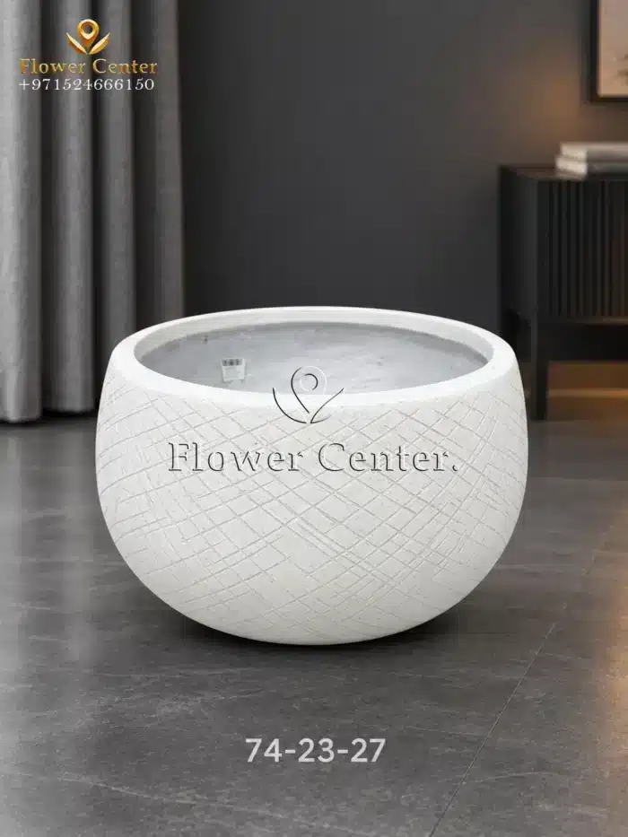 White Cross-Hatch Low Bowl Fibreclay Planter 27 cm