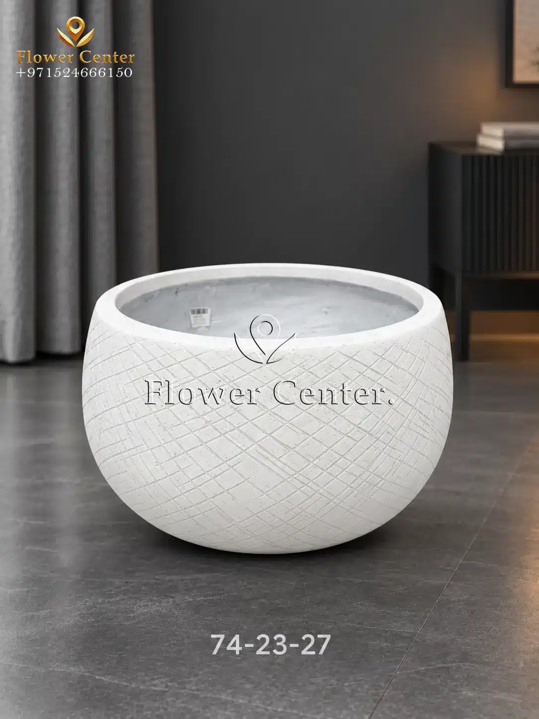 White Cross-Hatch Low Bowl Fibreclay Planter 27 cm