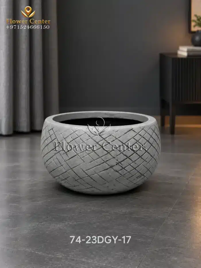 Dark Grey Cross-Hatch Low Bowl Fibreclay Planter 17 cm