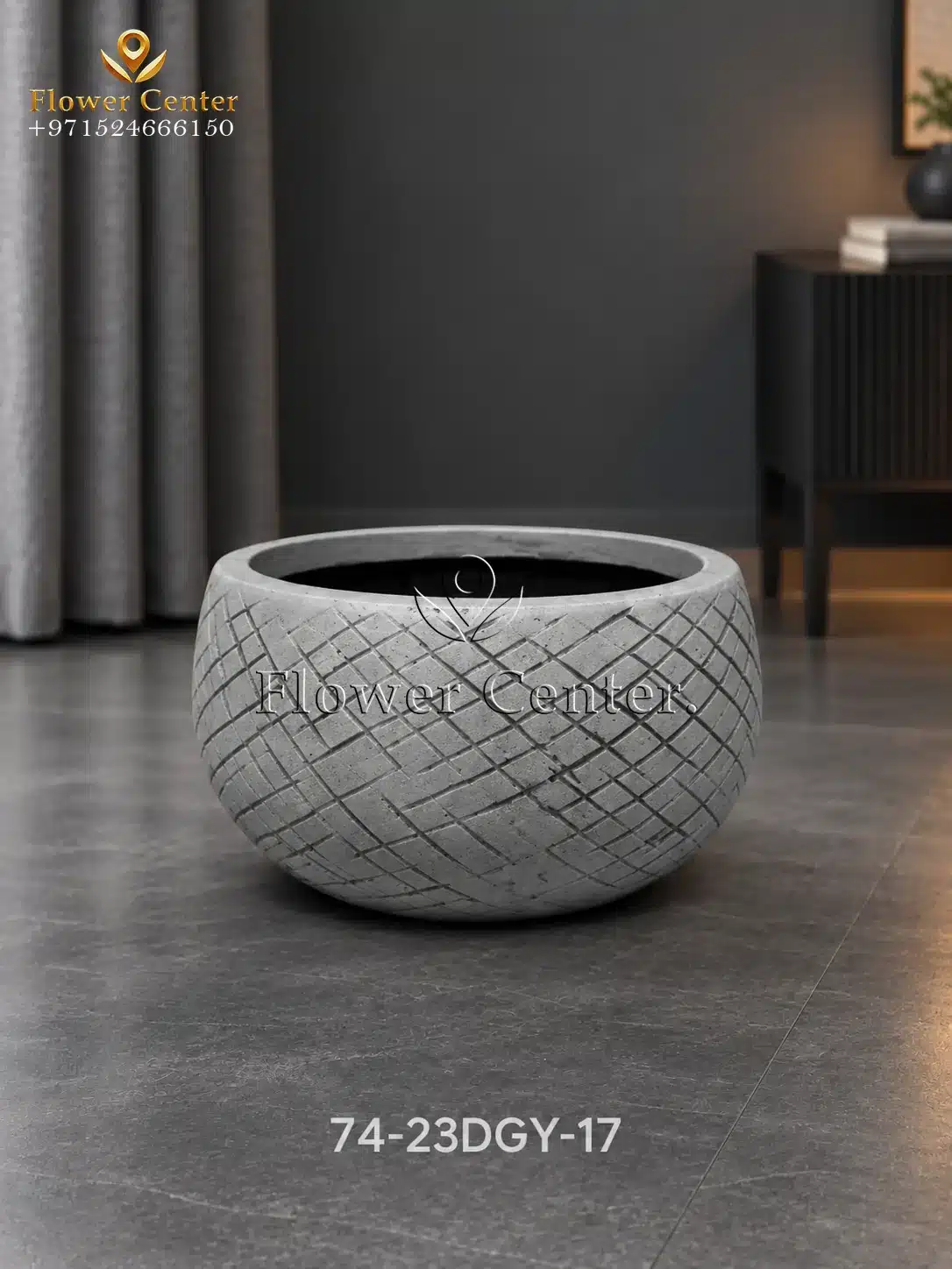 Dark Grey Cross-Hatch Low Bowl Fibreclay Planter 17 cm