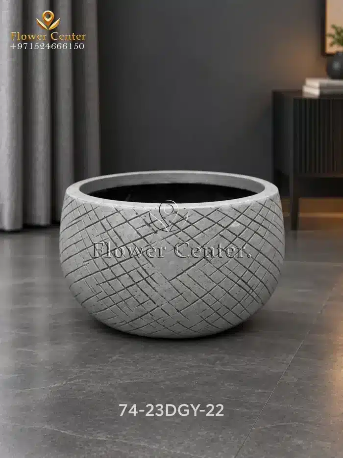 Dark Grey Cross-Hatch Low Bowl Fibreclay Planter 22 cm