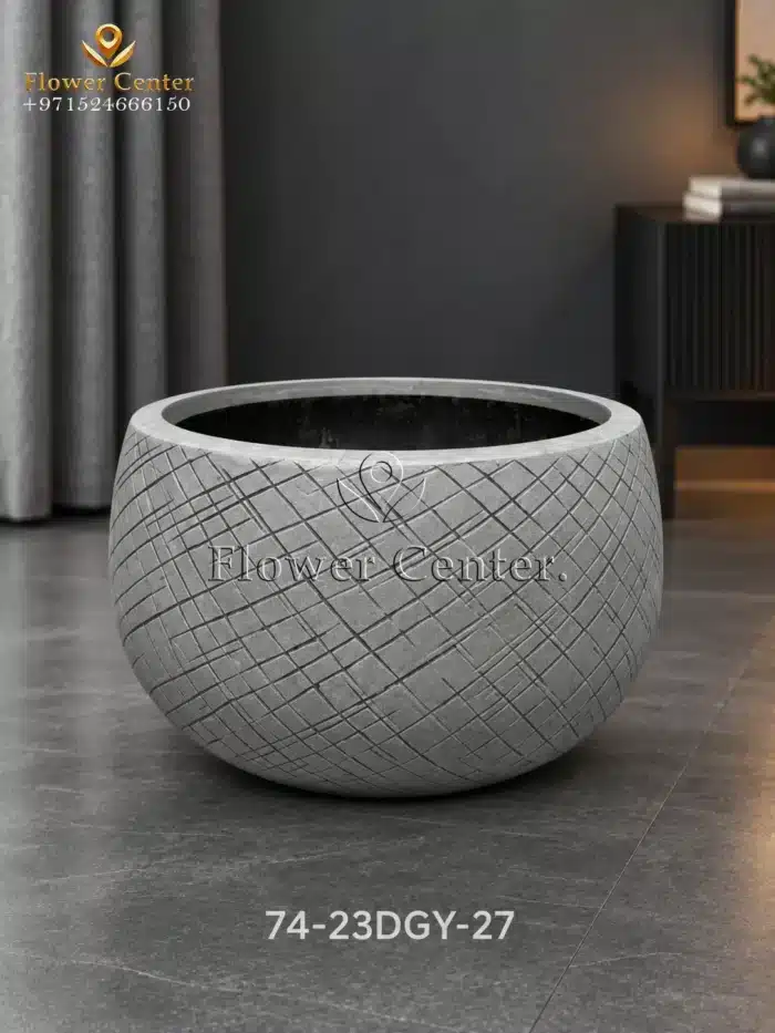 Dark Grey Cross-Hatch Low Bowl Fibreclay Planter 27 cm
