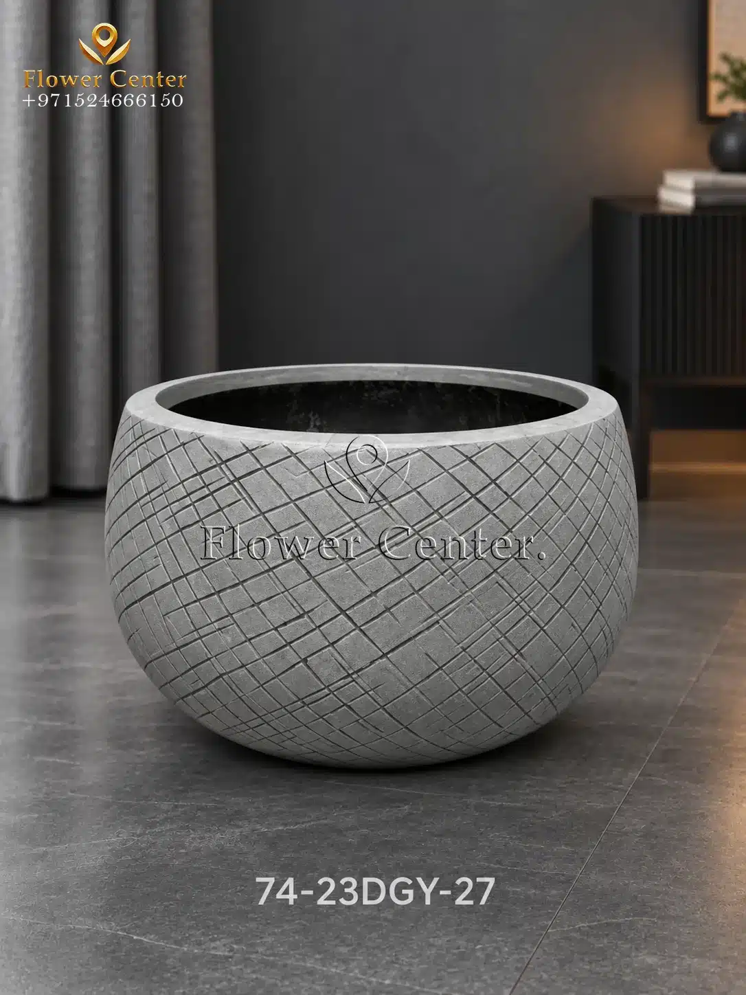 Dark Grey Cross-Hatch Low Bowl Fibreclay Planter 27 cm