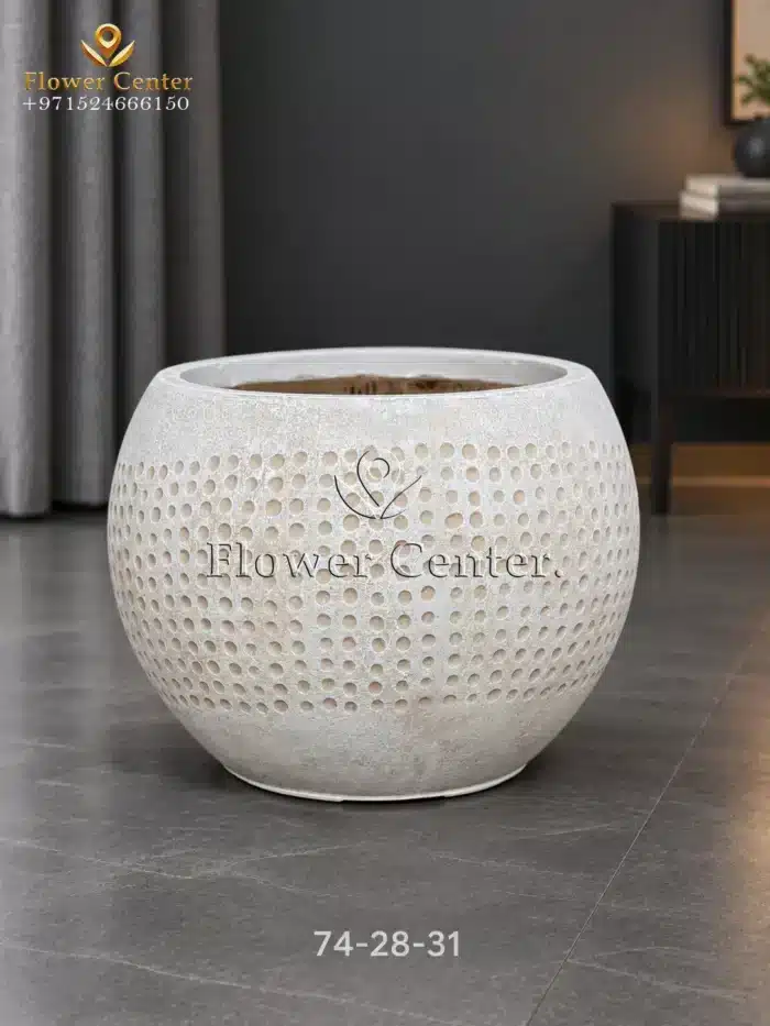 حوض زراعة مستدير منقّط أبيض من الفايبرغلاس 43×31 سم