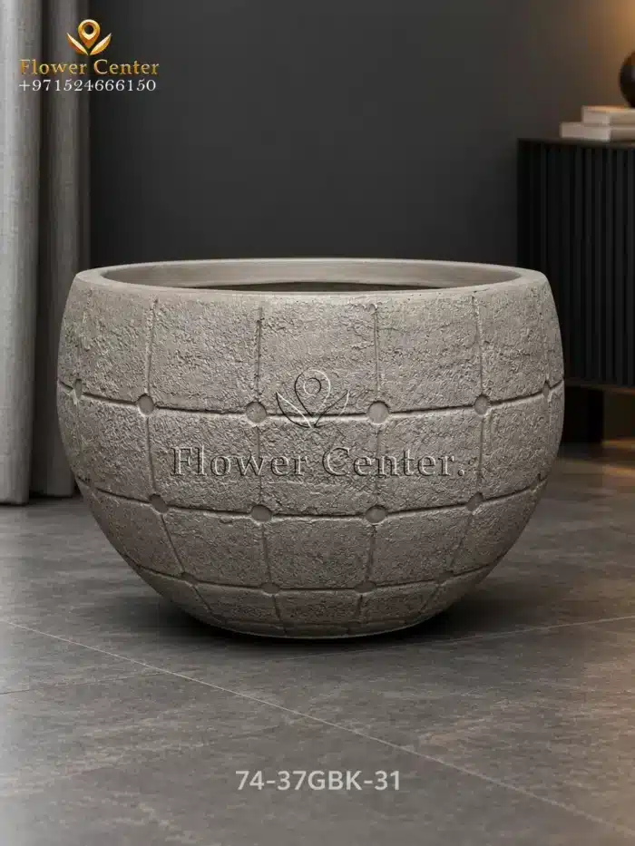 Dark Grey Tile-Texture Bowl Fibreclay Planter 44×31 cm