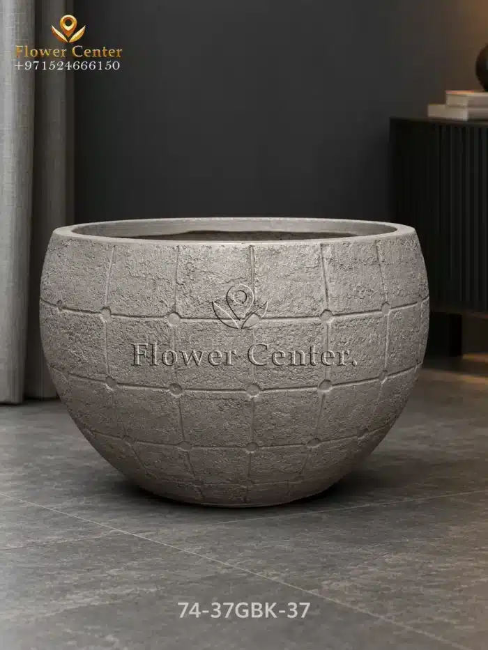Dark Grey Tile-Texture Bowl Fibreclay Planter 56×37 cm