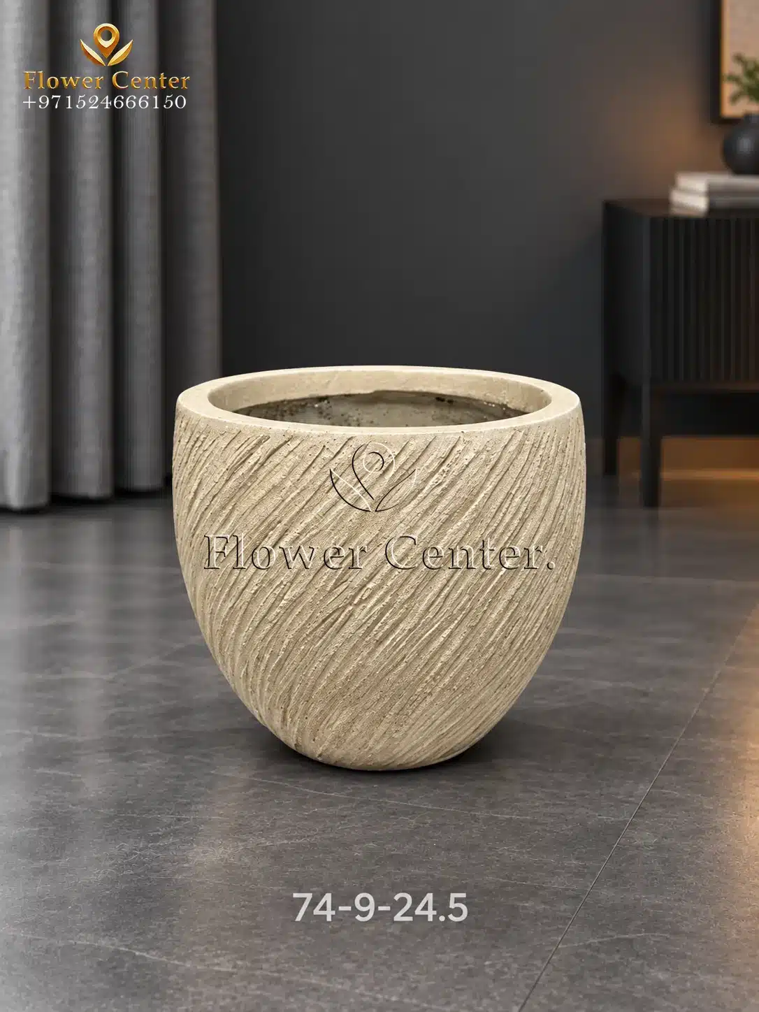 Beige Diagonal-Groove Round Fibreclay Planter 24.5 cm