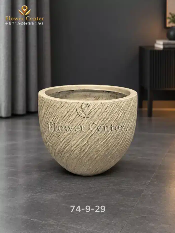 Beige Diagonal-Groove Round Fibreclay Planter 29 cm