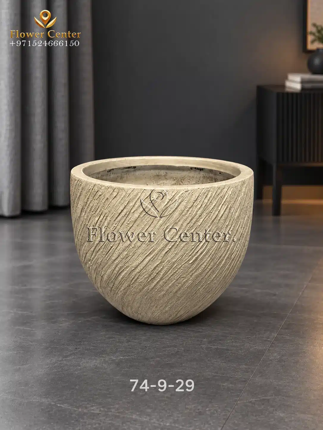 Beige Diagonal-Groove Round Fibreclay Planter 29 cm