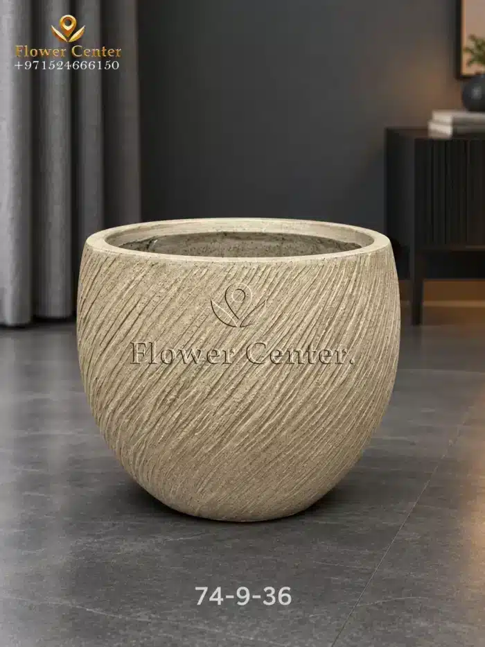 Beige Diagonal-Groove Round Fibreclay Planter 36 cm