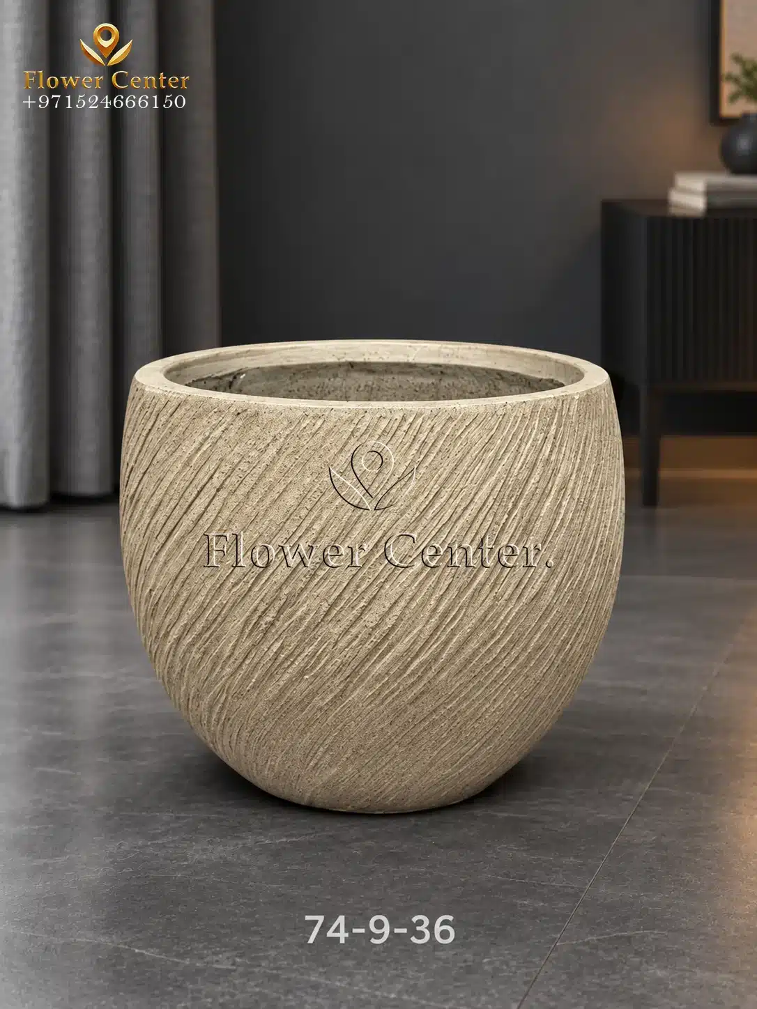 Beige Diagonal-Groove Round Fibreclay Planter 36 cm