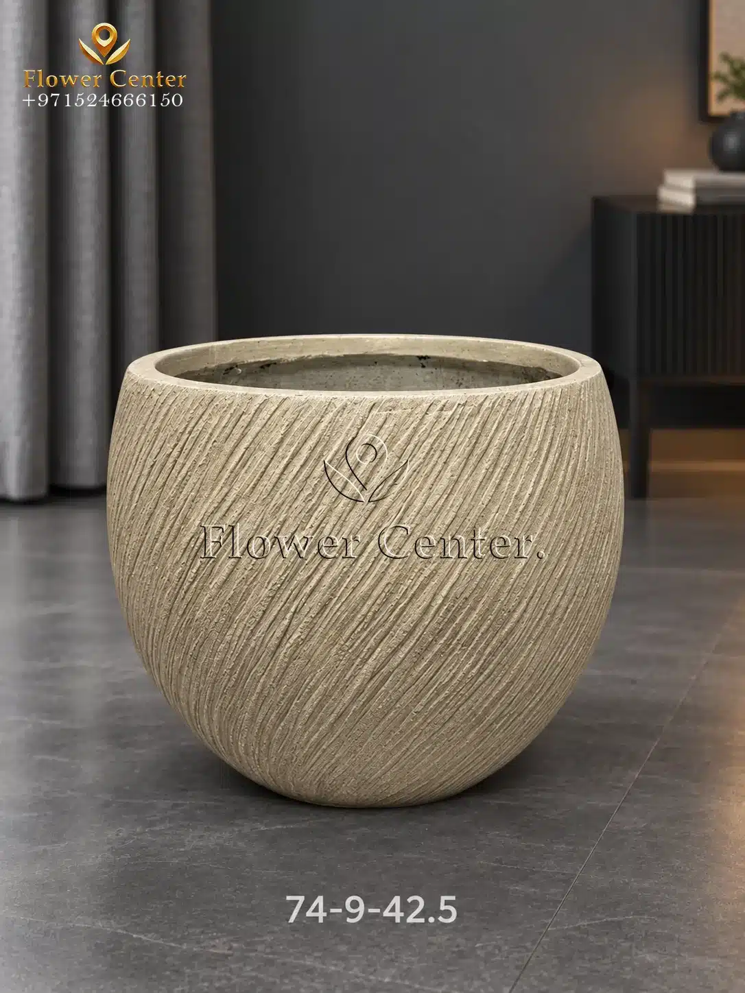 Beige Diagonal-Groove Round Fibreclay Planter 42.5 cm