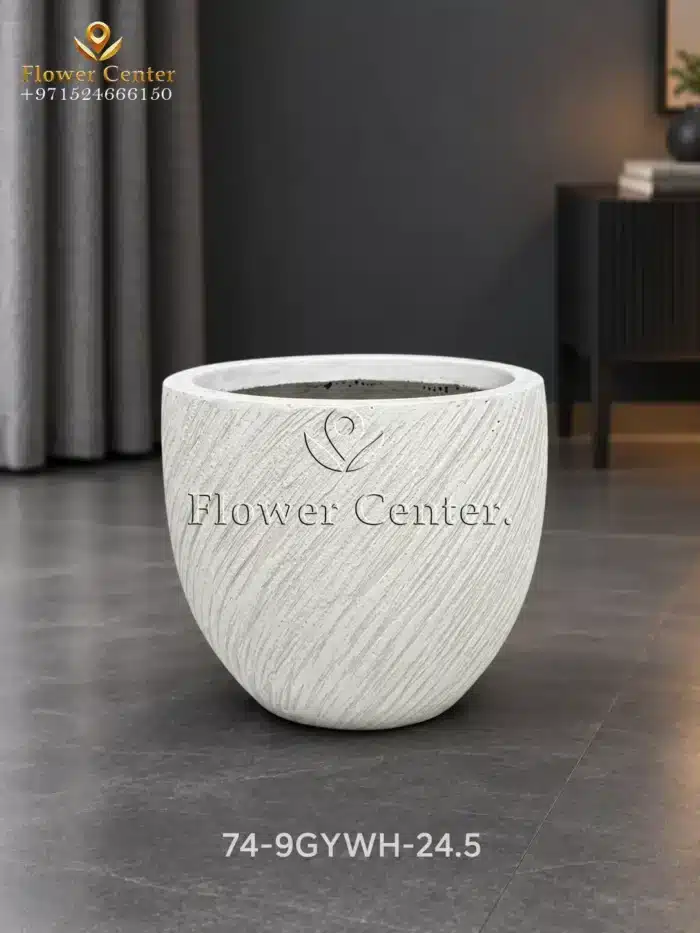 White Diagonal-Groove Round Fibreclay Planter 24.5 cm