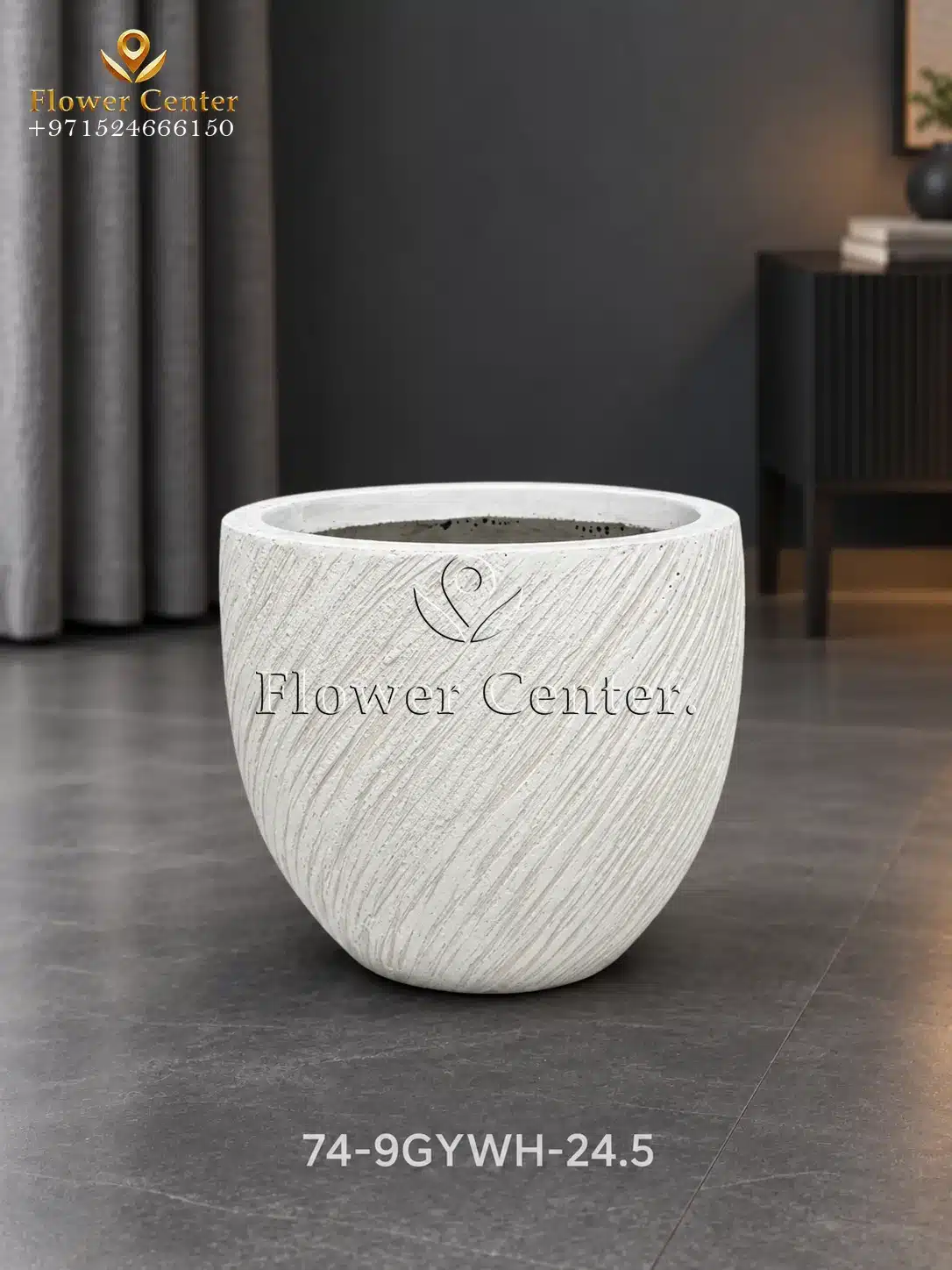 White Diagonal-Groove Round Fibreclay Planter 24.5 cm