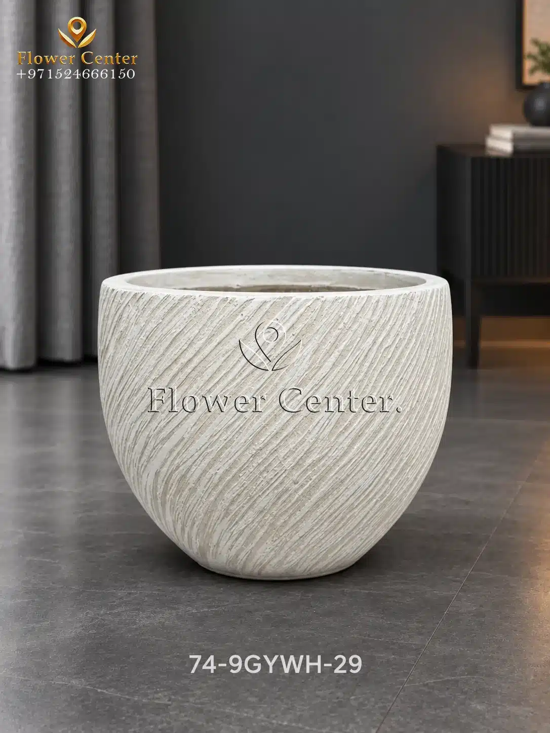 White Diagonal-Groove Round Fibreclay Planter 29 cm