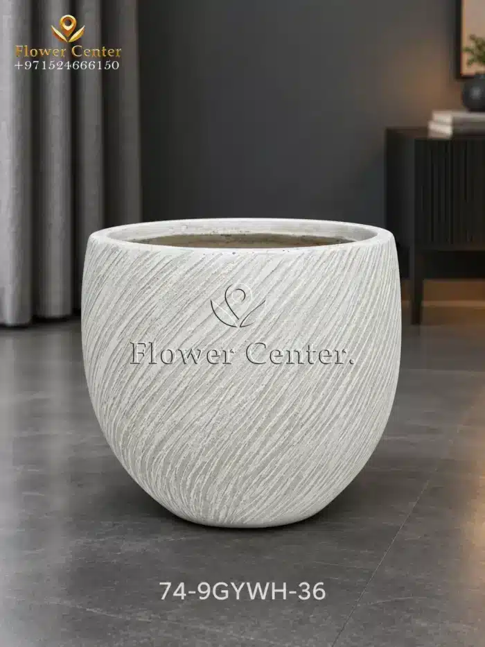 White Diagonal-Groove Round Fibreclay Planter 36 cm