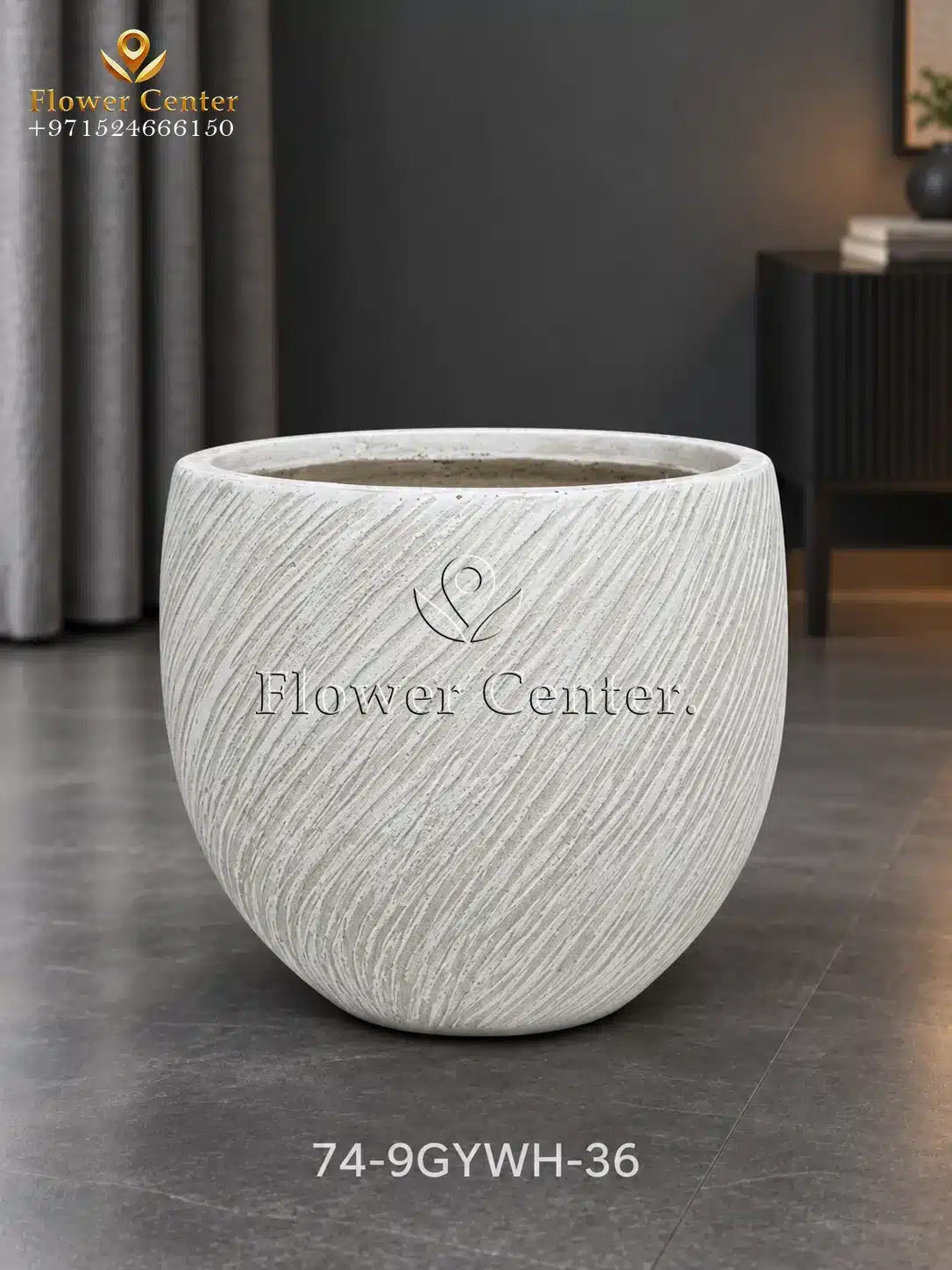 White Diagonal-Groove Round Fibreclay Planter 36 cm