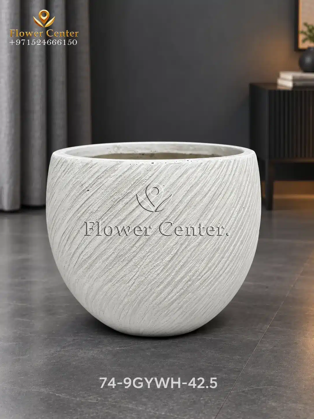 White Diagonal-Groove Round Fibreclay Planter 42.5 cm