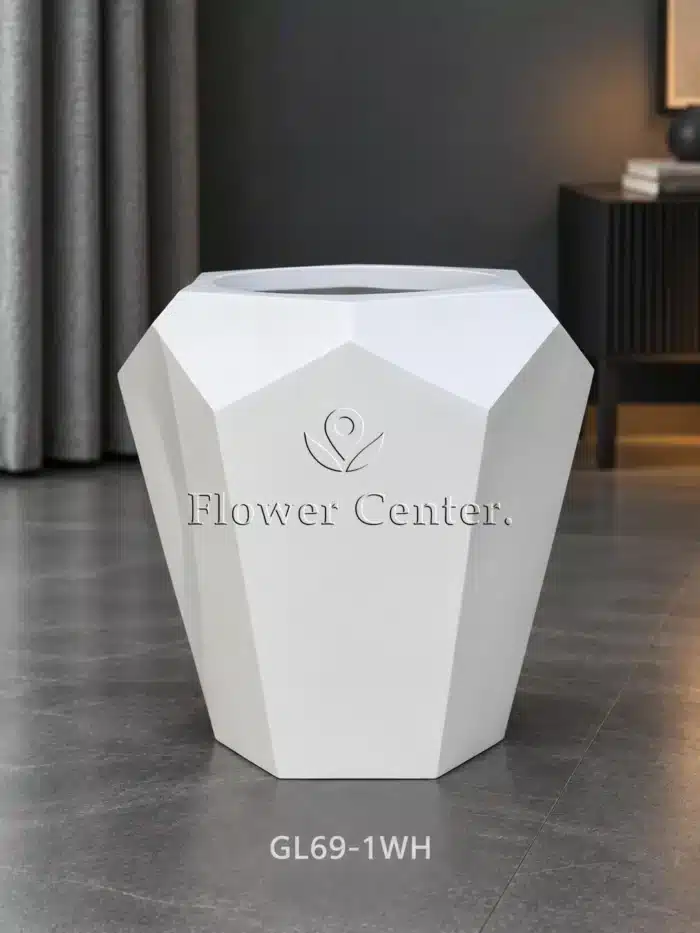 White Faceted Wide-Belly Planter